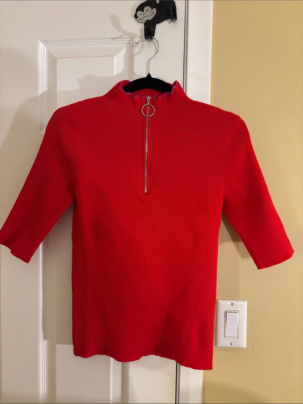 Maje Look-a-like Red Ribbed Half-Sleeve Zip Mock Neck Sweater
